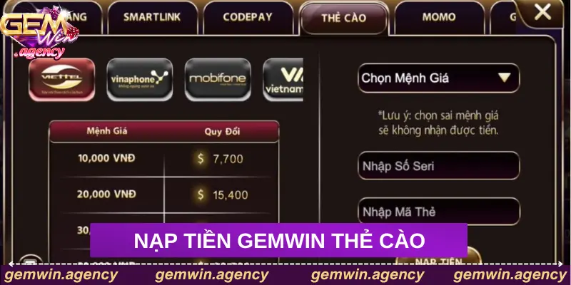 Hướng dẫn nạp tiền Gemwin bằng thẻ cào điện thoại Hướng dẫn nạp tiền Gemwin bằng thẻ cào điện thoại